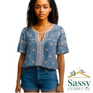 Boho Blouse – LUCKY BRAND Blue Tie Front, Sz XS, EUC